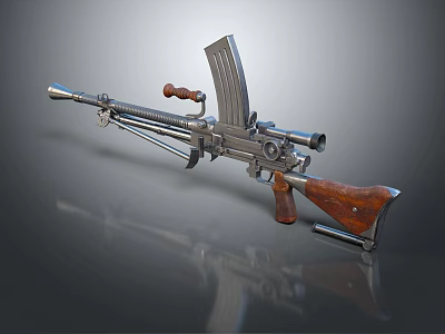 Vintage Machine Gun With Wooden Stock Metal Body And Magazine Design 3d model