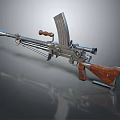 Vintage Machine Gun With Wooden Stock Metal Body And Magazine Design