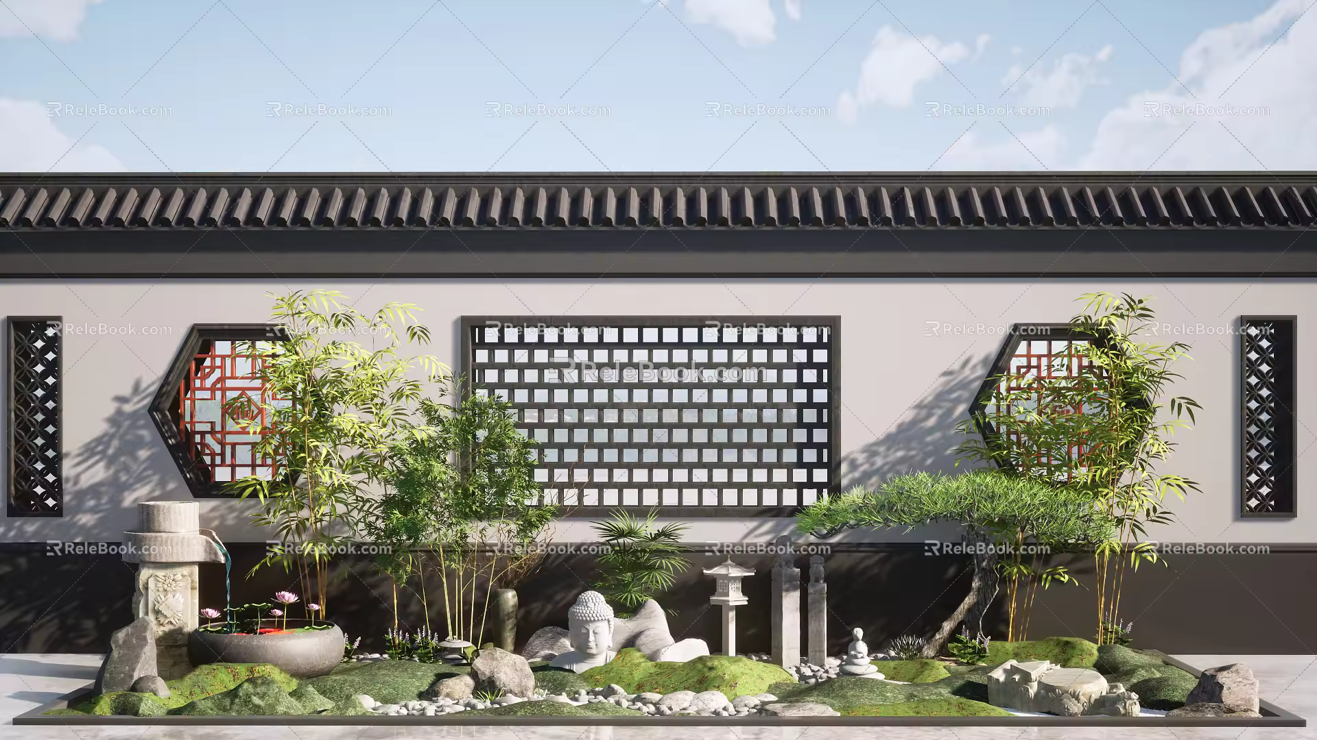 Chinese style landscape sketch courtyard landscape flowing plants ancient architecture 3d model