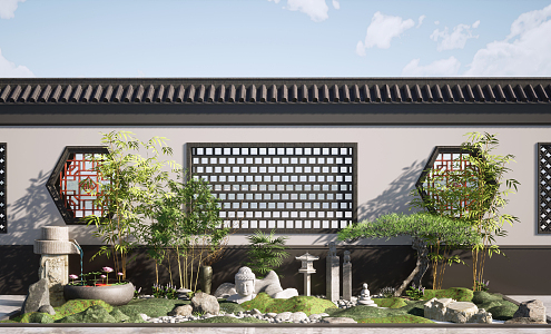 Chinese style landscape sketch courtyard landscape flowing plants ancient architecture 3d model