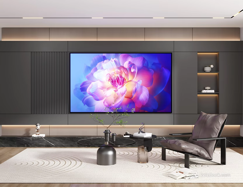 Modern Living Room With Large Screen TV Floral Display Dark Accent Wall And Leather Armchair 3d model 
