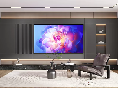 Modern Living Room With Large Screen TV Floral Display Dark Accent Wall And Leather Armchair 3d model