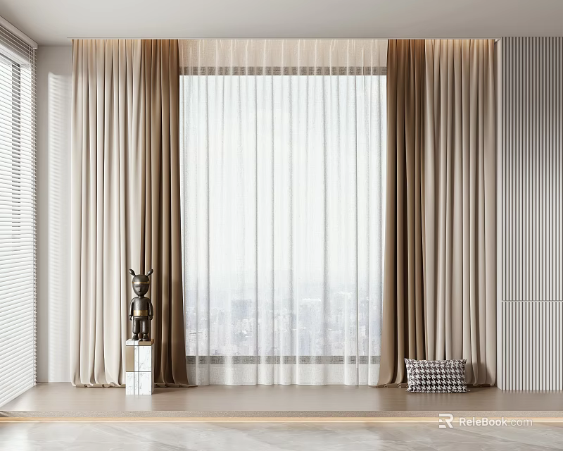 Elegant Beige Curtains With White Sheer And Floor To Ceiling Window City View 3d model 