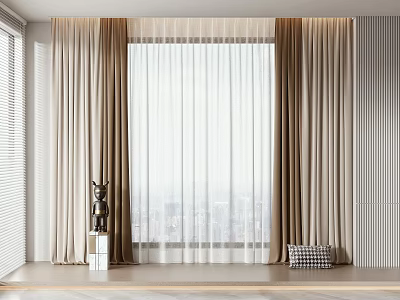 Elegant Beige Curtains With White Sheer And Floor To Ceiling Window City View 3d model