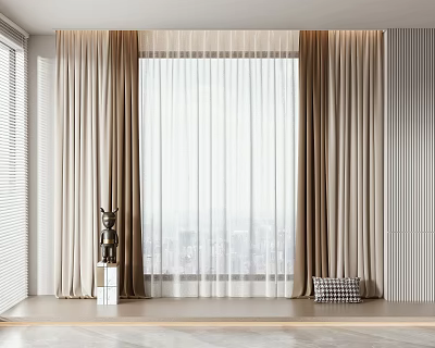 Elegant Beige Curtains With White Sheer And Floor To Ceiling Window City View 3d model