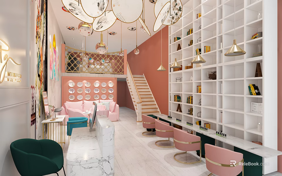 Stylish Modern Beauty Hair Salon Interior With Pink Styling Chairs And White Product Shelves 3d model 