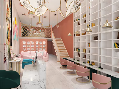 Stylish Modern Beauty Hair Salon Interior With Pink Styling Chairs And White Product Shelves 3d model