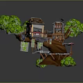 Cartoon Scene Featuring Wooden Treehouse With Green Leaves Small Buildings And Red Flag