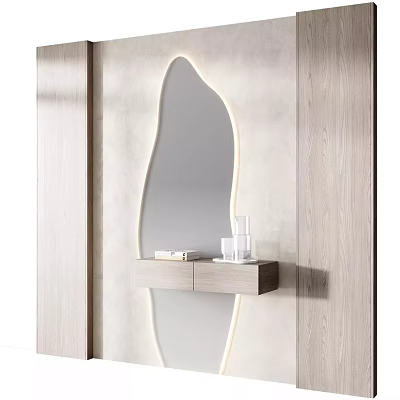 Contemporary Wall Mounted Vanity With Curved Mirror And Wooden Storage Shelf 3d model
