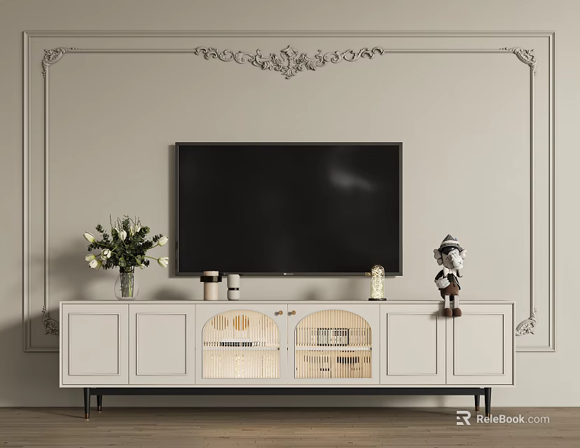 Elegant White TV Stand with Lattice Storage Doors and Decorative Items Against Decorative Wall 3d model 