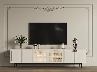 Elegant White TV Stand with Lattice Storage Doors and Decorative Items Against Decorative Wall 3d model