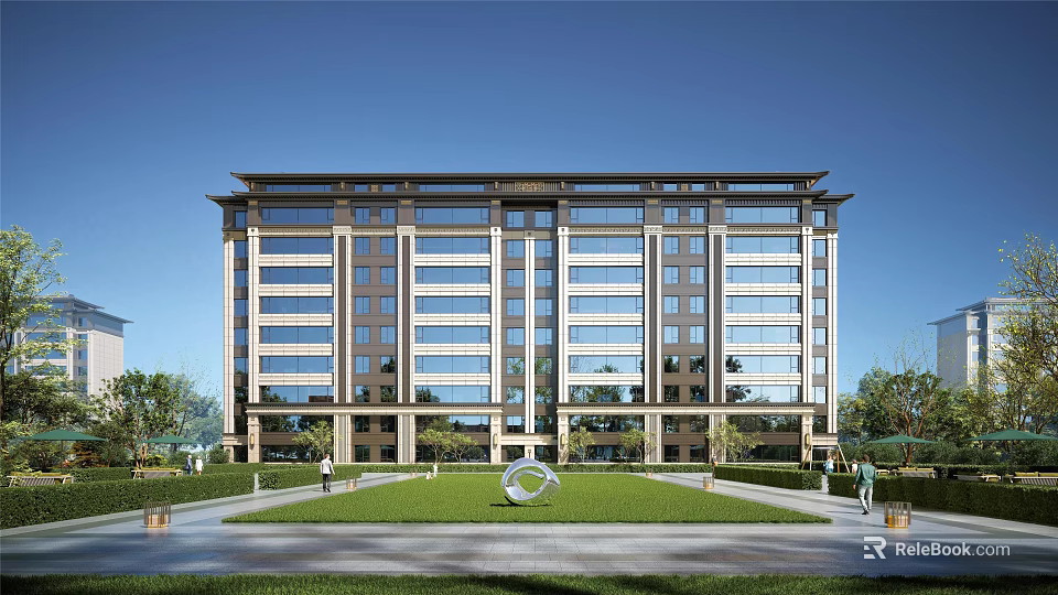 Modern Building Facade With Glass Windows Landscaped Grass Lawn Sculpture And Trees 3d model 