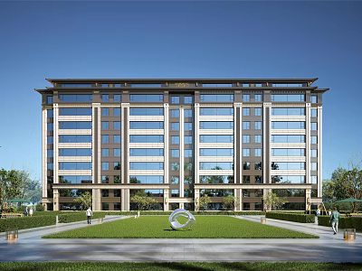 Modern Building Facade With Glass Windows Landscaped Grass Lawn Sculpture And Trees 3d model