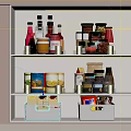 Organized Kitchen Cabinets With Shelves Holding Bottles Jars Cans And Storage Boxes