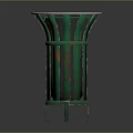 Green Metal Trash Can With Striped Design Round Top And Support Legs Structure