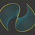 Abstract Blue Yellow Mesh 3D Geometric Sculpture with Curved Lines Hollow Design Dark Reflective Background