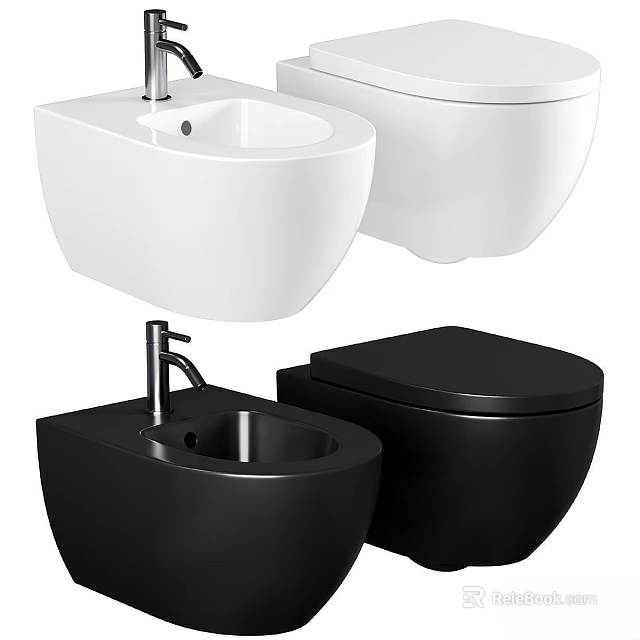 Modern Black and White Bathroom Set With Toilet And Sink 3d model 