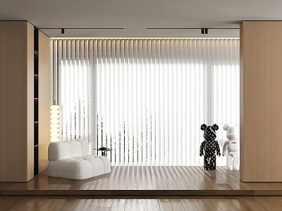 Modern Living Room Interior With Wooden Elements White Sofa And Vertical Blinds 3d model