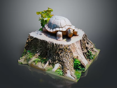 Realistic Turtle Statue On Tree Stump Base With Green Plants And Roots 3d model