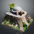 Realistic Turtle Statue On Tree Stump Base With Green Plants And Roots 3d model