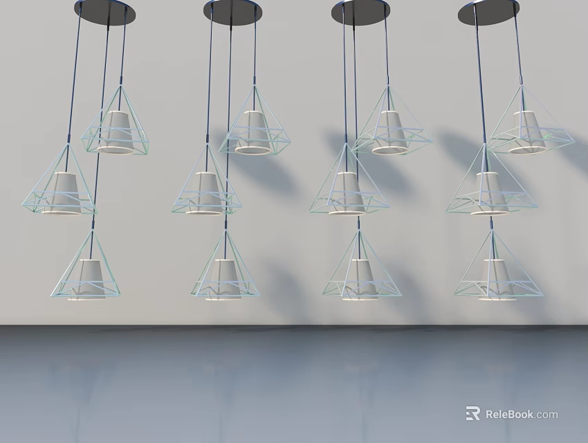 Modern Geometric Pendant Lights Hanging In White Room With Reflective Floor 3d model 