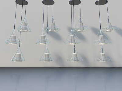 Modern Geometric Pendant Lights Hanging In White Room With Reflective Floor 3d model