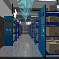 Smart Storage Cabinets In Indoor Warehouse With Blue Shelves And Digital Screens