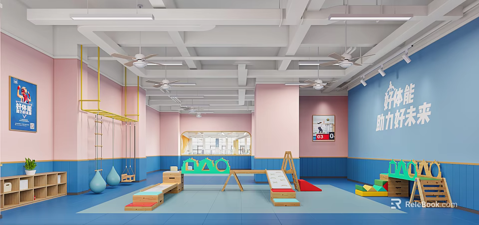 Kindergarten Indoor Play Space With Colorful Blue Pink Walls Climbing Frames Soft Mats And Toys 3d model 