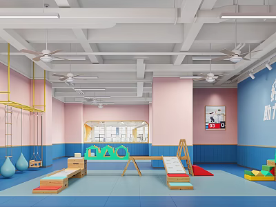Kindergarten Indoor Play Space With Colorful Blue Pink Walls Climbing Frames Soft Mats And Toys 3d model