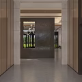 Elegant Modern Hotel Lobby With Wooden Walls Stone Flooring Ceiling Light Strips And Central Green Plant
