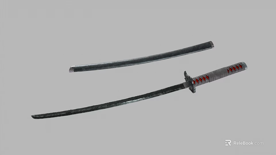 Traditional Japanese Samurai Sword With Black Scabbard And Red Wrapped Handle 3d model 