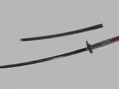 Traditional Japanese Samurai Sword With Black Scabbard And Red Wrapped Handle 3d model