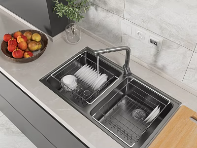 Stainless Steel Double Bowl Kitchen Sink With Dish Rack And Fruit Bowl On Countertop 3d model