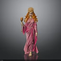 Woman In Pink Robe With Golden Headdress Holding Scepter Against Gray Background
