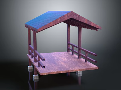 Wooden Pavilion With Blue Roof Wooden Platform Railings And Support Pillars 3d model