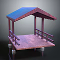 Wooden Pavilion With Blue Roof Wooden Platform Railings And Support Pillars