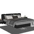 Modern Double Bed with Black Leather Headboard Grey Pillows Blanket Nightstands Striped Rug Open Book