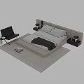 Modern Double Bed With Extended Headboard Nightstands Table Lamps Black Chair And Light Colored Rug