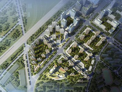 Aerial View Urban Planning With High Rise Buildings Road Network And Green Spaces 3d model