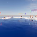 Garden Landscape Design With Water Platforms Colorful Canopies And People Relaxing