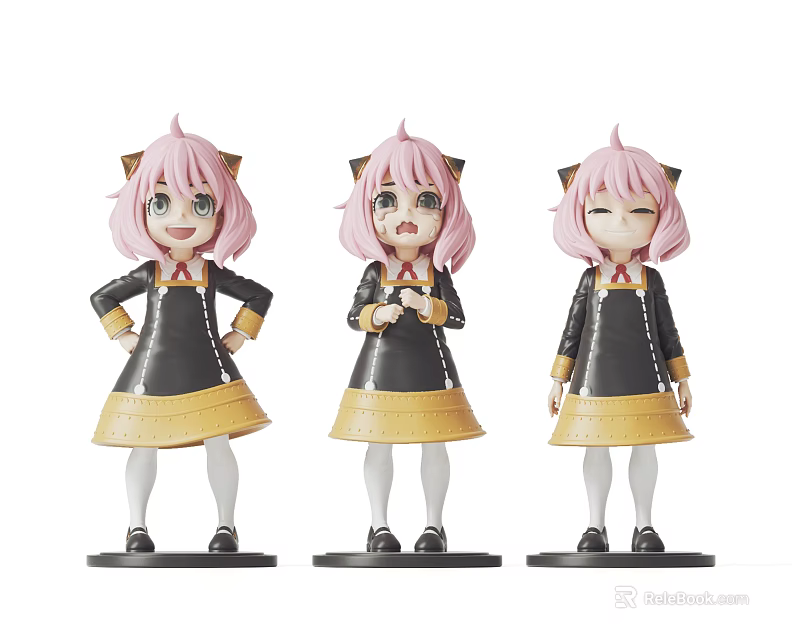 Cute Cat Ear Pink Hair Dolls In Black Yellow Dresses With Different Poses 3d model 
