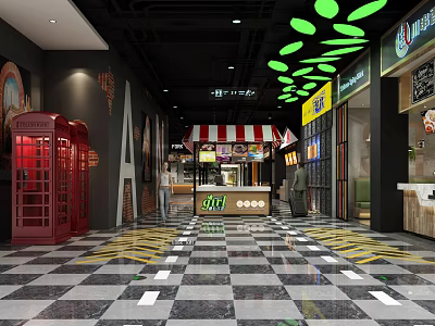 Vibrant Commercial Street With Red Telephone Booth Black White Checkered Floor And Green Leaf Decorations 3d model
