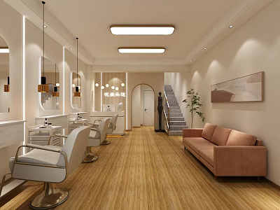 Beauty Salon Interior With Mirrors Salon Chairs Sofa Wooden Floor And Lighting 3d model