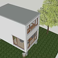 Two Story White Detached House With Large Windows Green Lawn And Trees