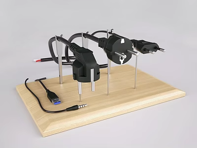 Practical Plug Holder With Wooden Base Metal Stands And USB Cable 3d model