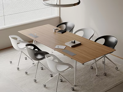 Wooden Conference Table With Black And White Wheeled Chairs And Notebooks In Bright Office 3d model