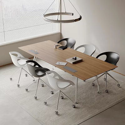 Wooden Conference Table With Black And White Wheeled Chairs And Notebooks In Bright Office 3d model