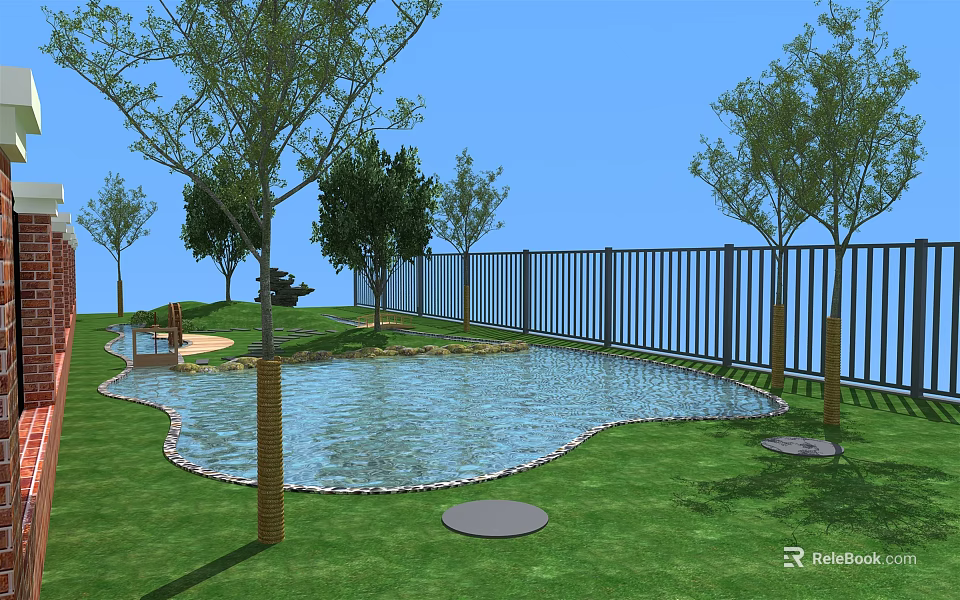 Garden Landscape Design with Curved Pond Green Grass Trees and Fence 3d model 