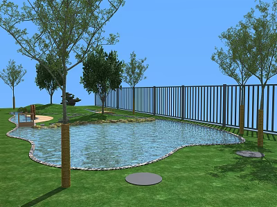 Garden Landscape Design with Curved Pond Green Grass Trees and Fence 3d model
