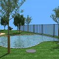 Garden Landscape Design with Curved Pond Green Grass Trees and Fence
